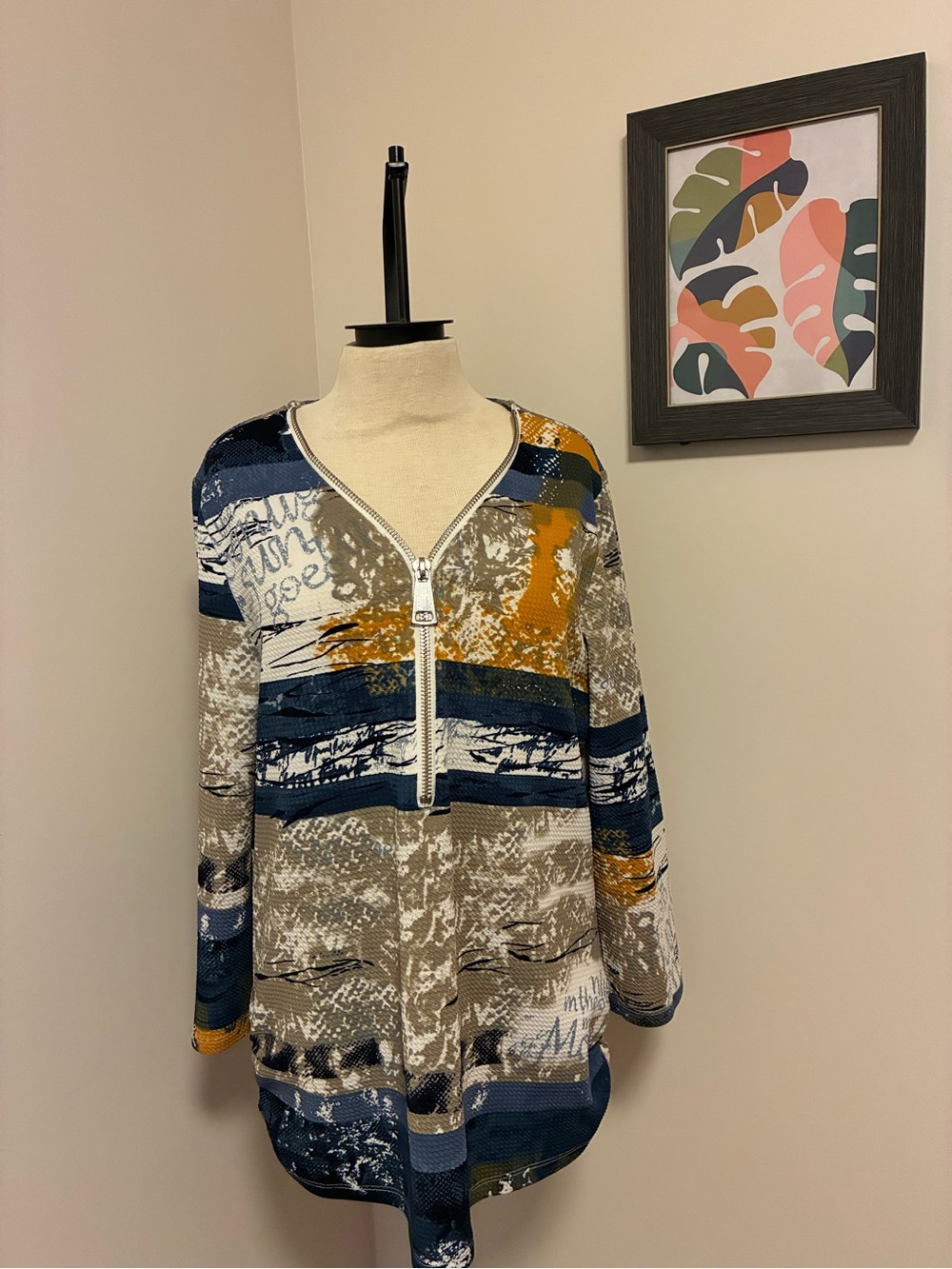 Women’s Bomber Jacket with Abstract Stripe Print in Navy, Mustard & Beige